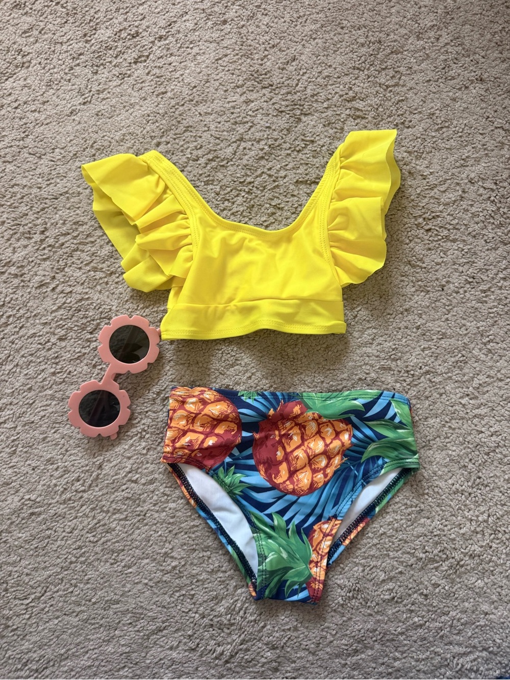 Girls Yellow Ruffle Bikini Top with Pineapple Print Bottoms